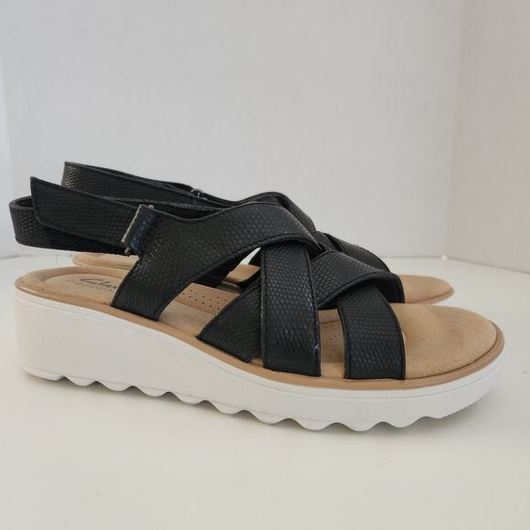 Clarks Jillian Spring Wedge Sandal, Black Leather, 7.5 Medium - Picture 5 of 11